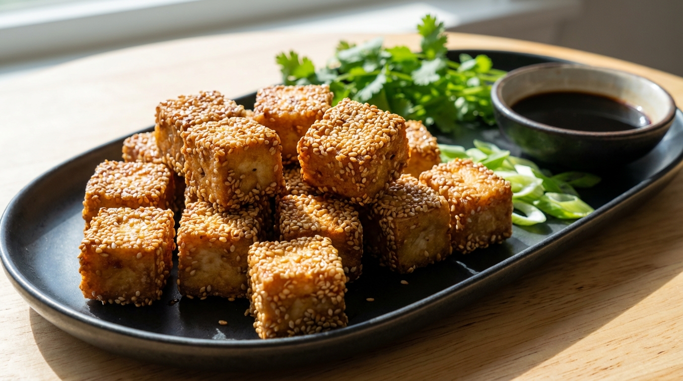 découvrez nos délicieuses bouchées de tofu enrobées de graines de sésame, un amuse-bouche savoureux et parfait pour toutes vos occasions.
