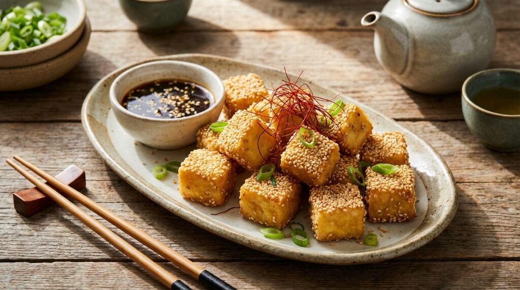 découvrez nos délicieuses bouchées de tofu enrobées de graines de sésame, l'amuse-bouche parfait pour toutes vos occasions. simple, savoureux et sain !
